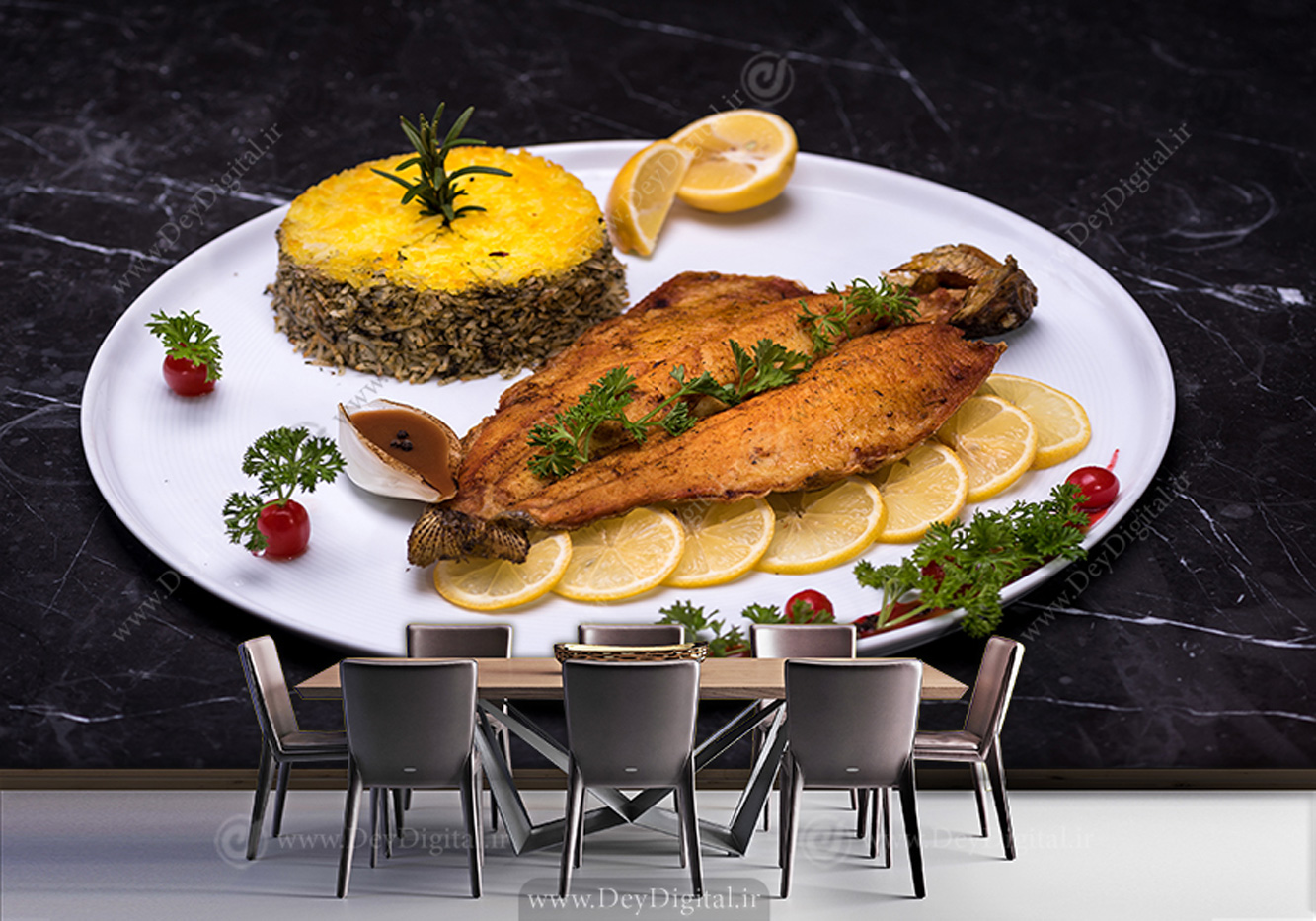 پوستر دیواری کترینگ و رستوران طرح چلو ماهی سوخاری