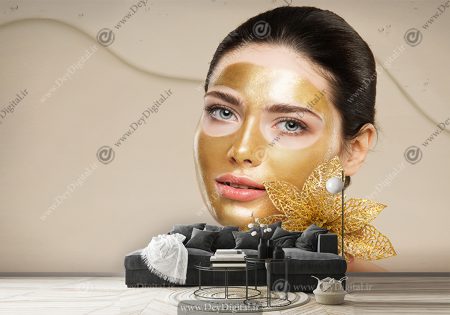 پوستر دیواری سه بعدی چهره خانوم با ماسک طلا
