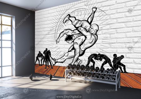 پوستر سه بعدی طرح وکتوری ورزش کشتی با زمینه آجری