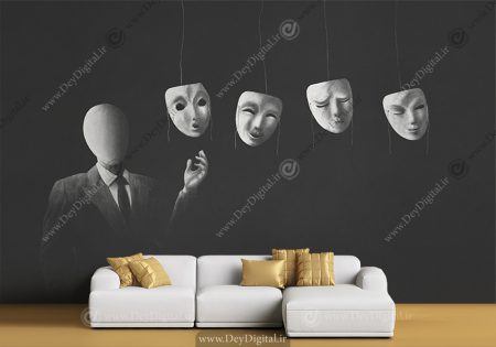 پوستر سه بعدی طرج نقاب ها برای بازی مافیا با زمینه مشکی