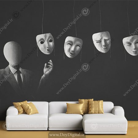پوستر سه بعدی طرج نقاب ها برای بازی مافیا با زمینه مشکی
