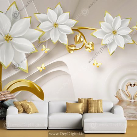 پوستر سه بعدی طرح گل سفید طلایی