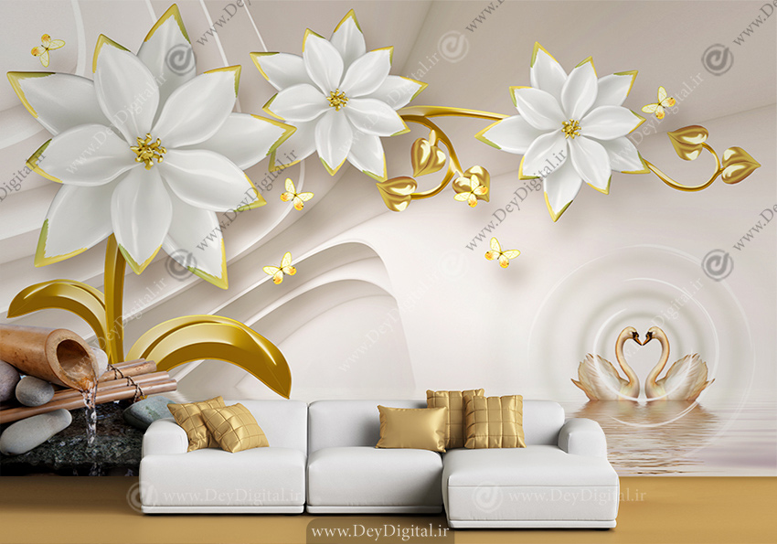 پوستر سه بعدی طرح گل سفید طلایی