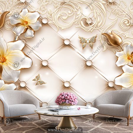 کاغذ دیواری سه بعدی گل سفید طلایی با لمسه های کرمی