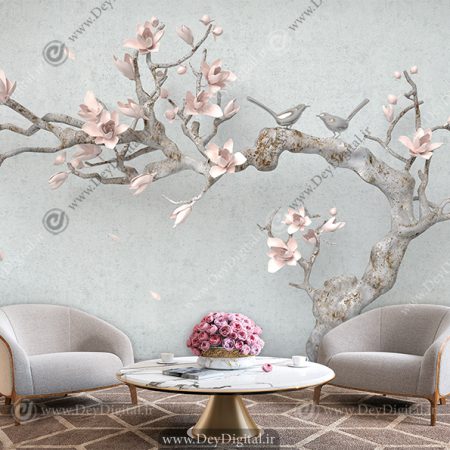 پوستر دیواری سه بعدی طرح شاخه درخت با گل های صورتی