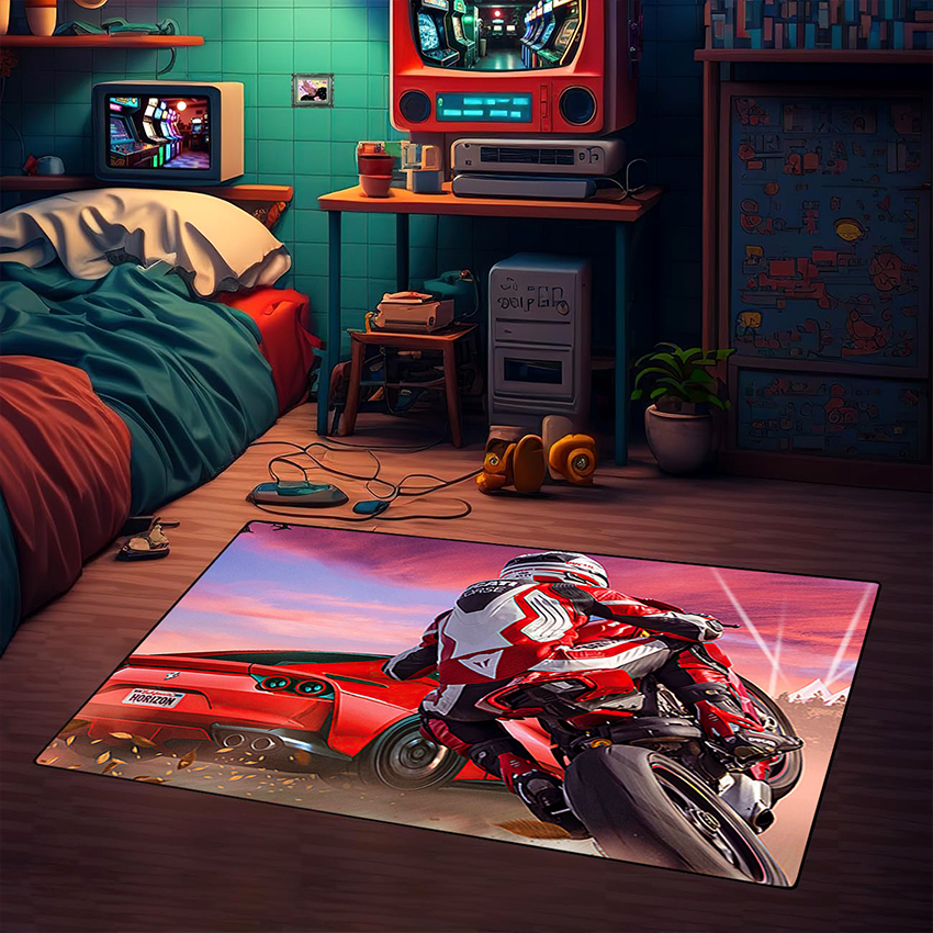 فرش سه بعدی طرح موتور سنگین در حال مسابقه با ماشین اسپرت