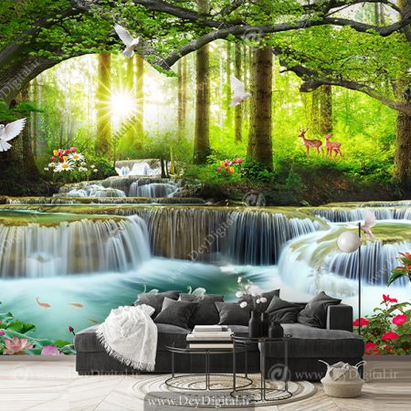 کاغذ دیواری سه بعدی طرح جنگل و رودخانه