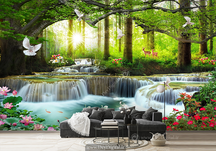 کاغذ دیواری سه بعدی طرح جنگل و رودخانه