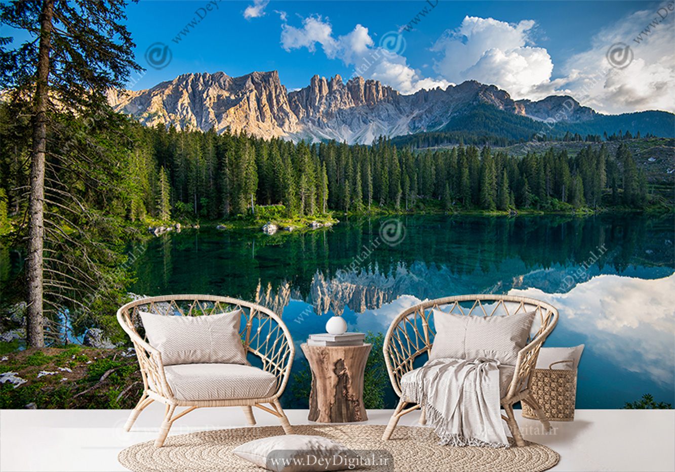 پوستر منظره سه بعدی طرح دریاچه و کوهستان سبز