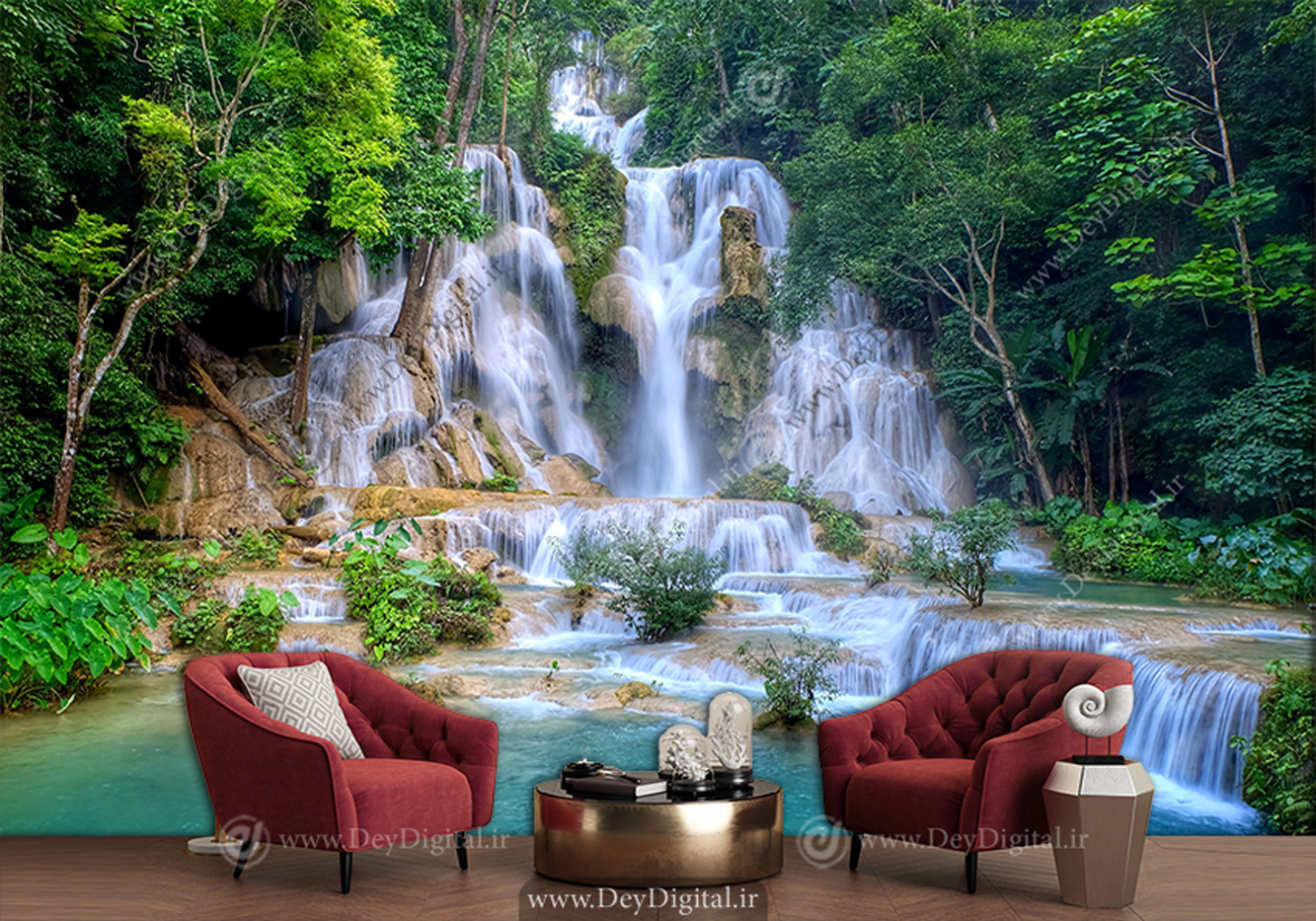 پوستر طبیعت سه بعدی طرح منظره آبشار و رودخانه