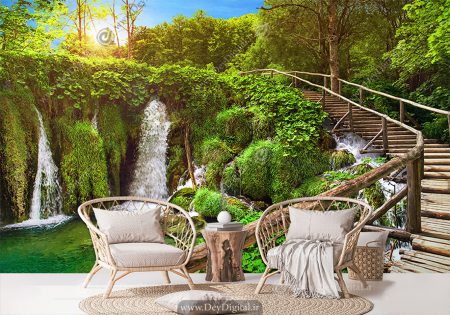 پوستر دیواری سه بعدی منظره جنگلی با پلکان چوبی