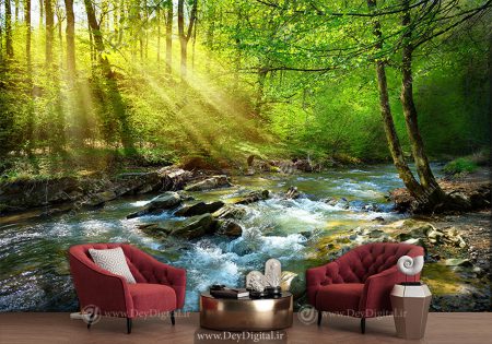 پوستر طبیعت برای سالن پذیرایی طرح رودخانه در میان جنگل
