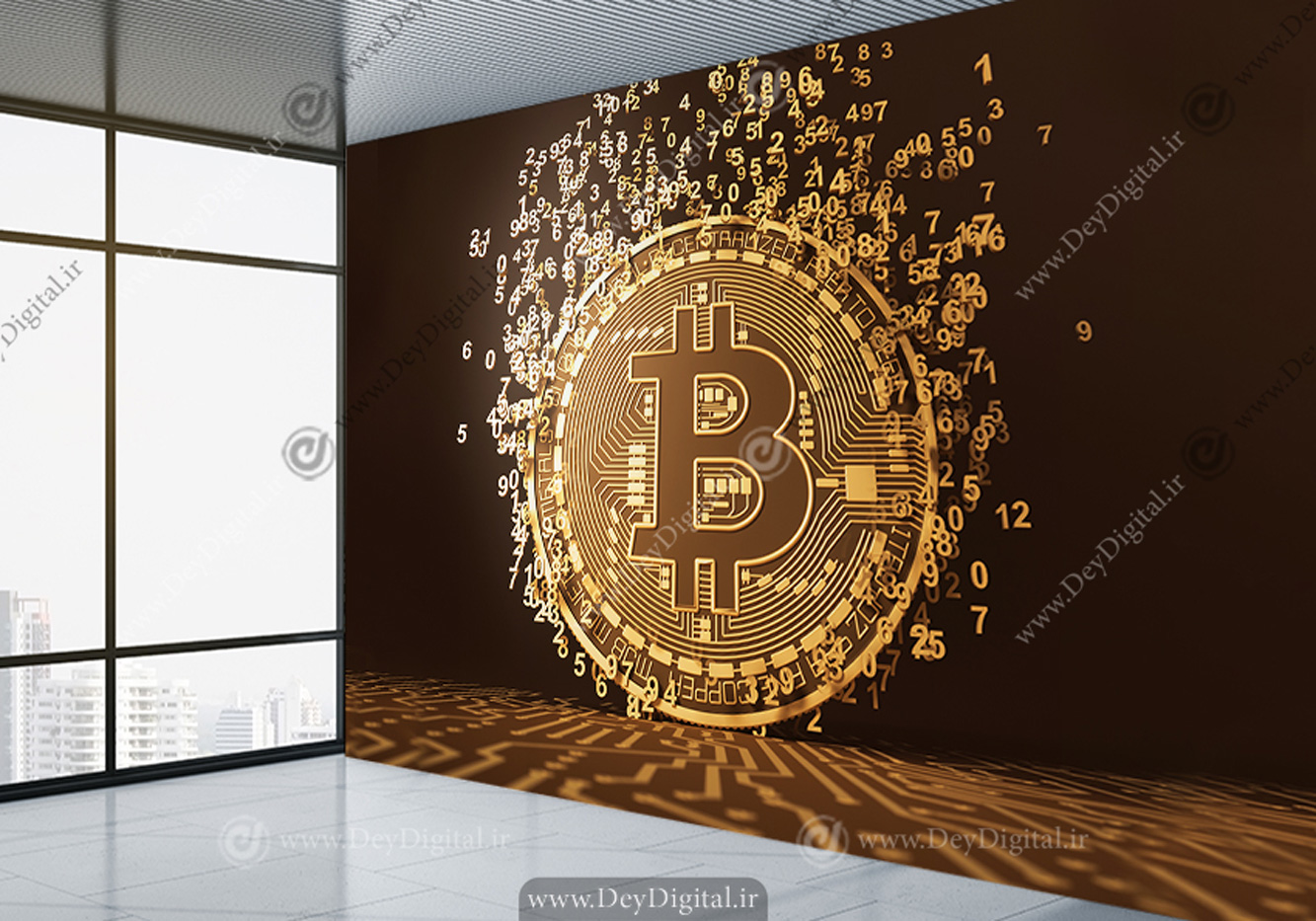 کاغذ دیواری سه بعدی ارز دیجیتال طرح سکه بیت کوین