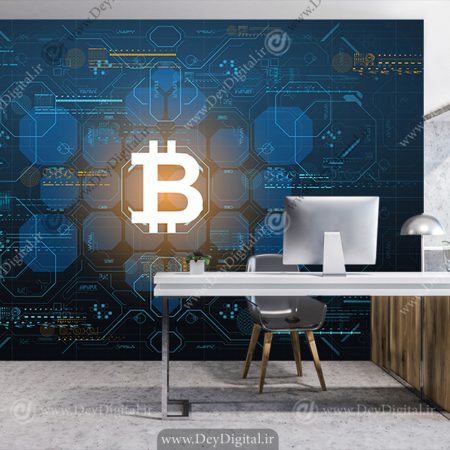 پوستر سه بعدی ارز دیجیتال با طرح نماد بیت کوین