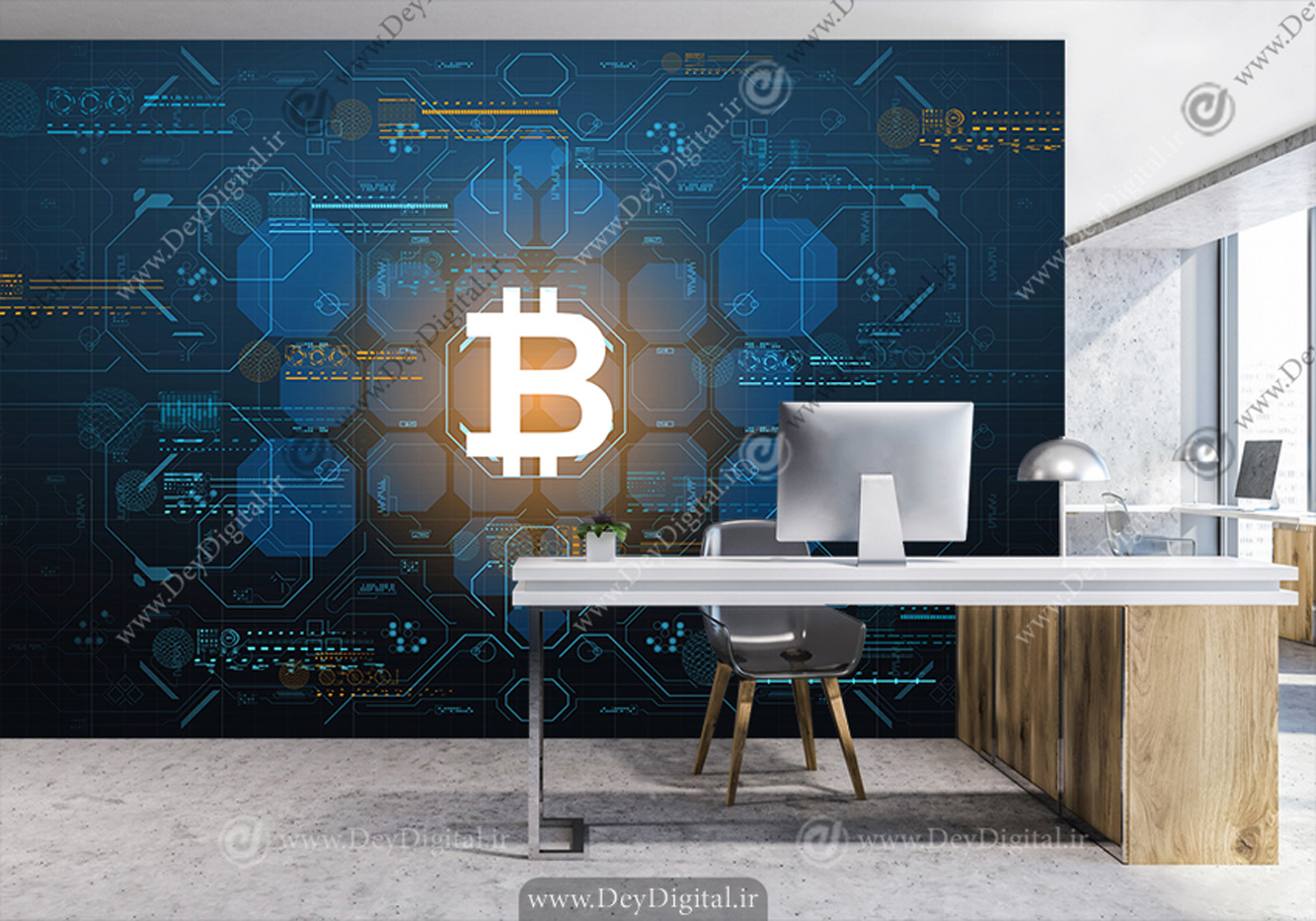 پوستر سه بعدی ارز دیجیتال با طرح نماد بیت کوین