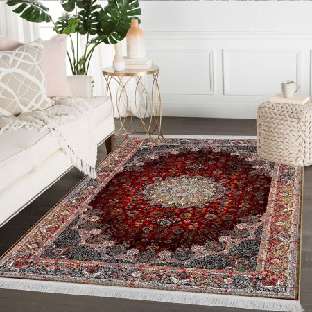 فرشینه سنتی طرح گل شاه عباسی رنگ لاکی