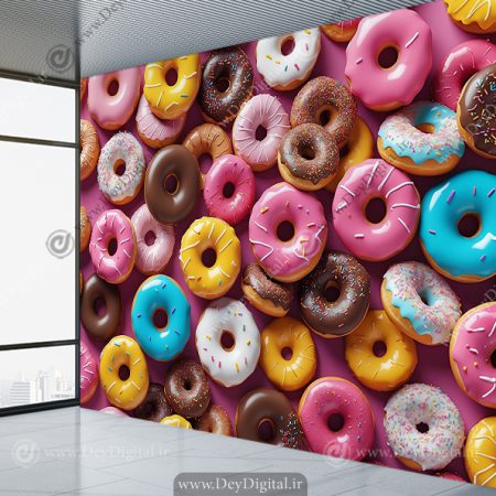کاغذ دیواری سه بعدی برای شیرینی فروشی طرح انواع دونات های رنگی
