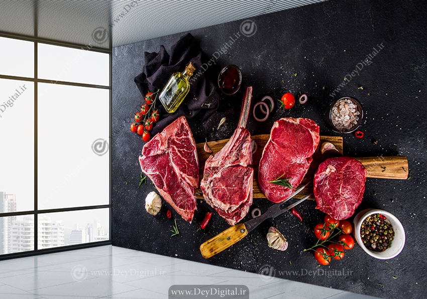 کاغذ دیواری سه بعدی هایپر گوشت طرح استیک گوشت