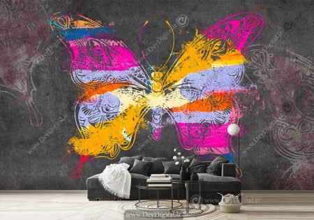 کاغذ دیواری سه بعدی اسپرت هنری مدل پروانه رنگی با زمینه خاکستری