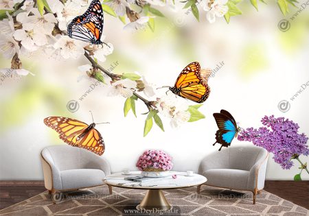 پوستر دیواری طرح پروانه و رو شاخه های درخت