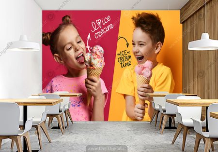 پوستر دیواری سه بعدی طرح بچه ها در حال خوردن بستنی قیفی