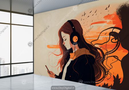 پوستر دیواری فانتزی موسیقی طرح دختر زیبا در حال گوش دادن به موزیک