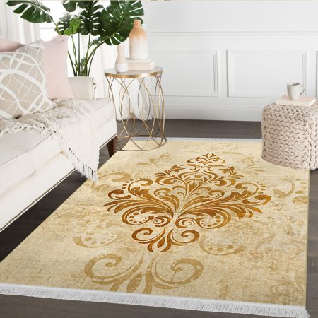 فرش پتینه ای با طرح گل داماسک رنگ کرمی