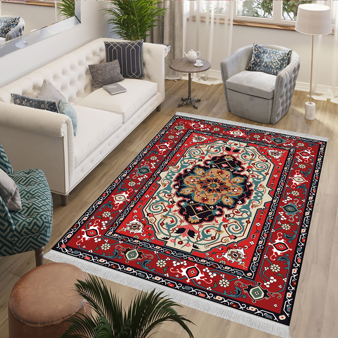 فرش چاپی سنتی رنگ لاکی و کرم