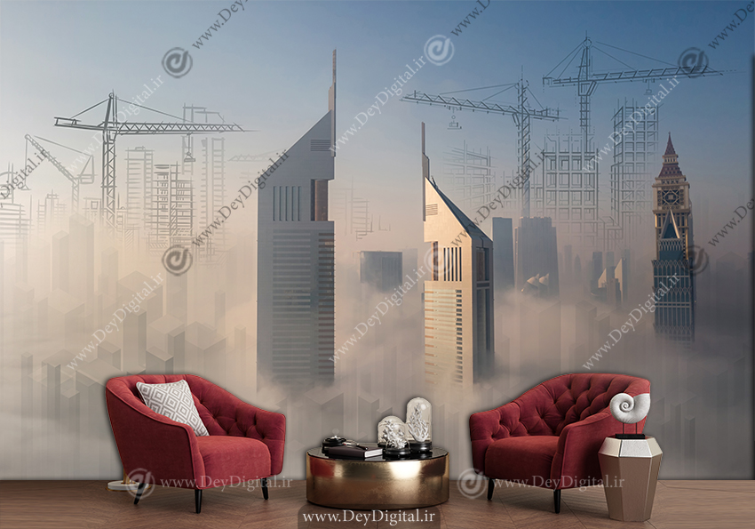 پوستر دیواری آسمان خراش در بین ابرها