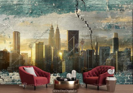 کاغذ دیواری سه بعدی املاک طرح آسمان خراش ها در غروب آفتاب