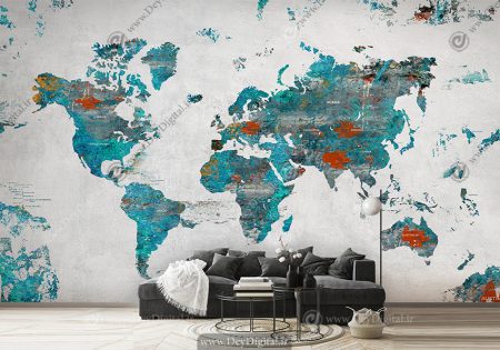 کاغذ دیواری سه بعدی نقشه جهان رنگ سبز آبی