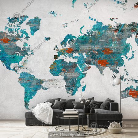 کاغذ دیواری سه بعدی نقشه جهان رنگ سبز آبی
