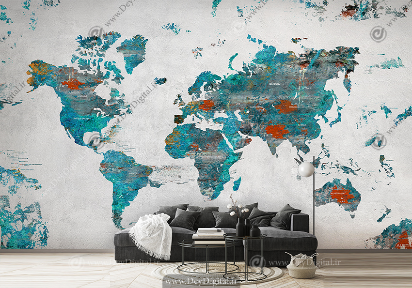 کاغذ دیواری سه بعدی نقشه جهان رنگ سبز آبی