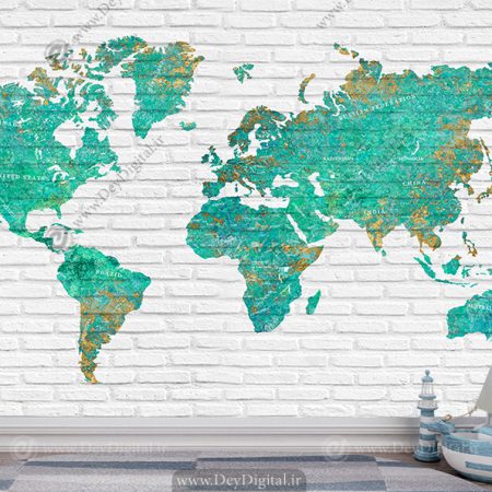 پوستر دیواری سه بعدی نقشه رنگ فیروزه ای با زمینه آجری