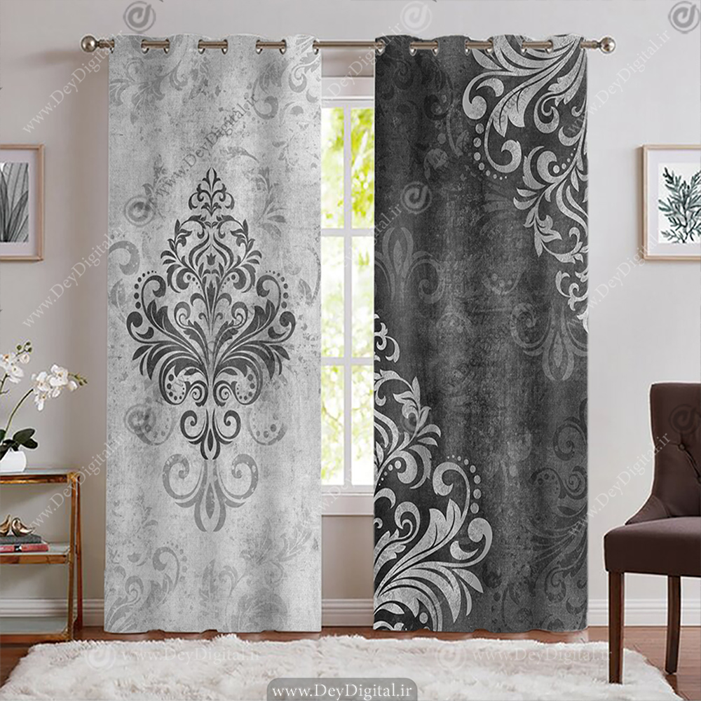 پرده پانچی خاکستری طرح گل داماسک PK-7783