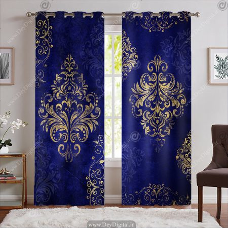 پرده چاپی سنتی طرح داماسک طلایی با زمینه سورمه ای PK-7799