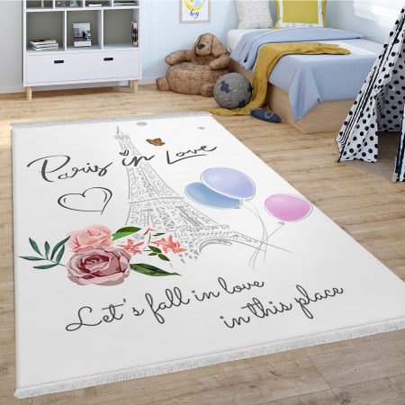 فرش چاپی طرح دخترانه اسپرت و شیک برج ایفل با زمینه روشن