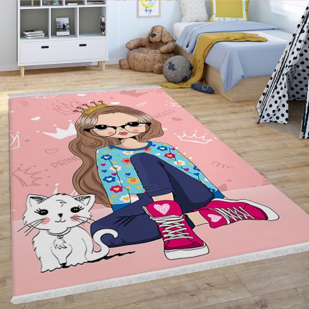 فرش طرح اسپرت و شیک دخترانه پرنسسی با گربه و زمینه صورتی