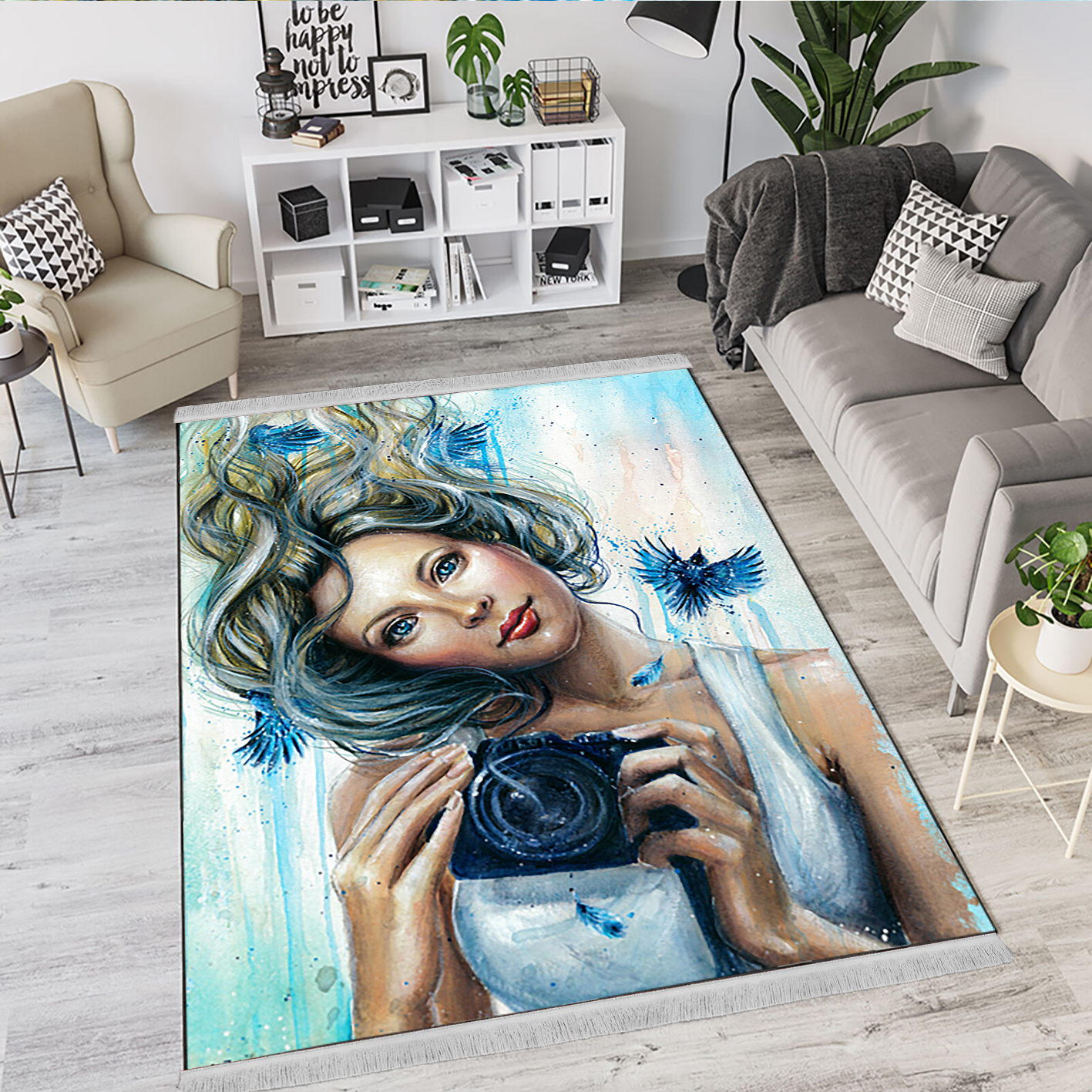 فرش چاپی طرح گرافیکی دختری درحال عکاسی با تم آبی روشن
