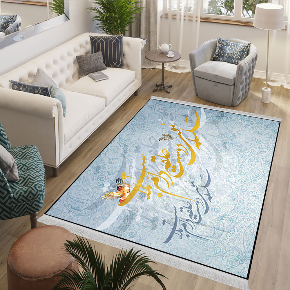 فرش طرح خطاطی طلایی شعر سعدی زمینه آبی روشن
