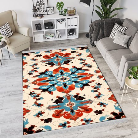 فرشینه چاپی طرح سنتی هندسی با نقش قرمز و آبی زمینه روشن