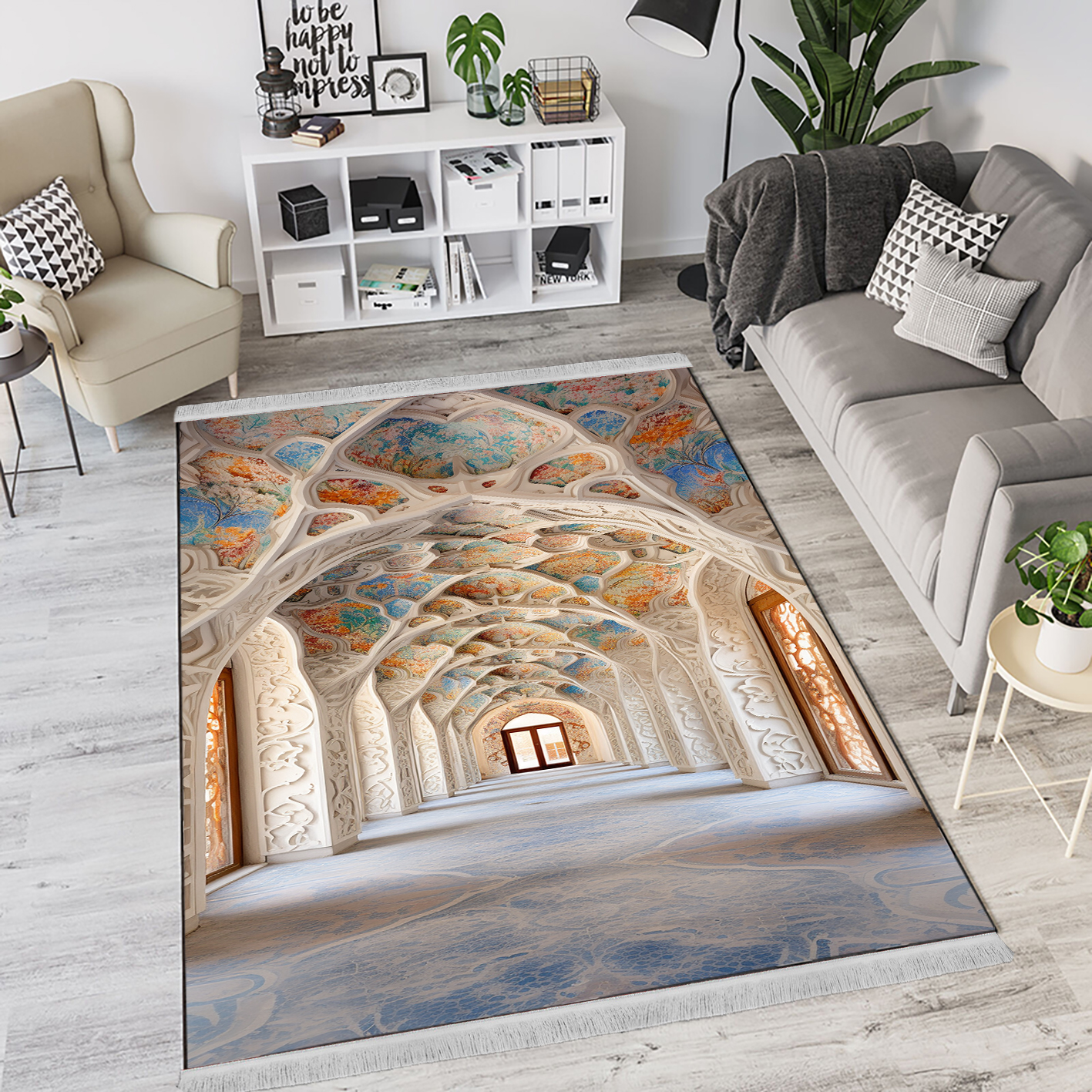 فرشینه چاپی طرح طاق اسلیمی رنگ روشن