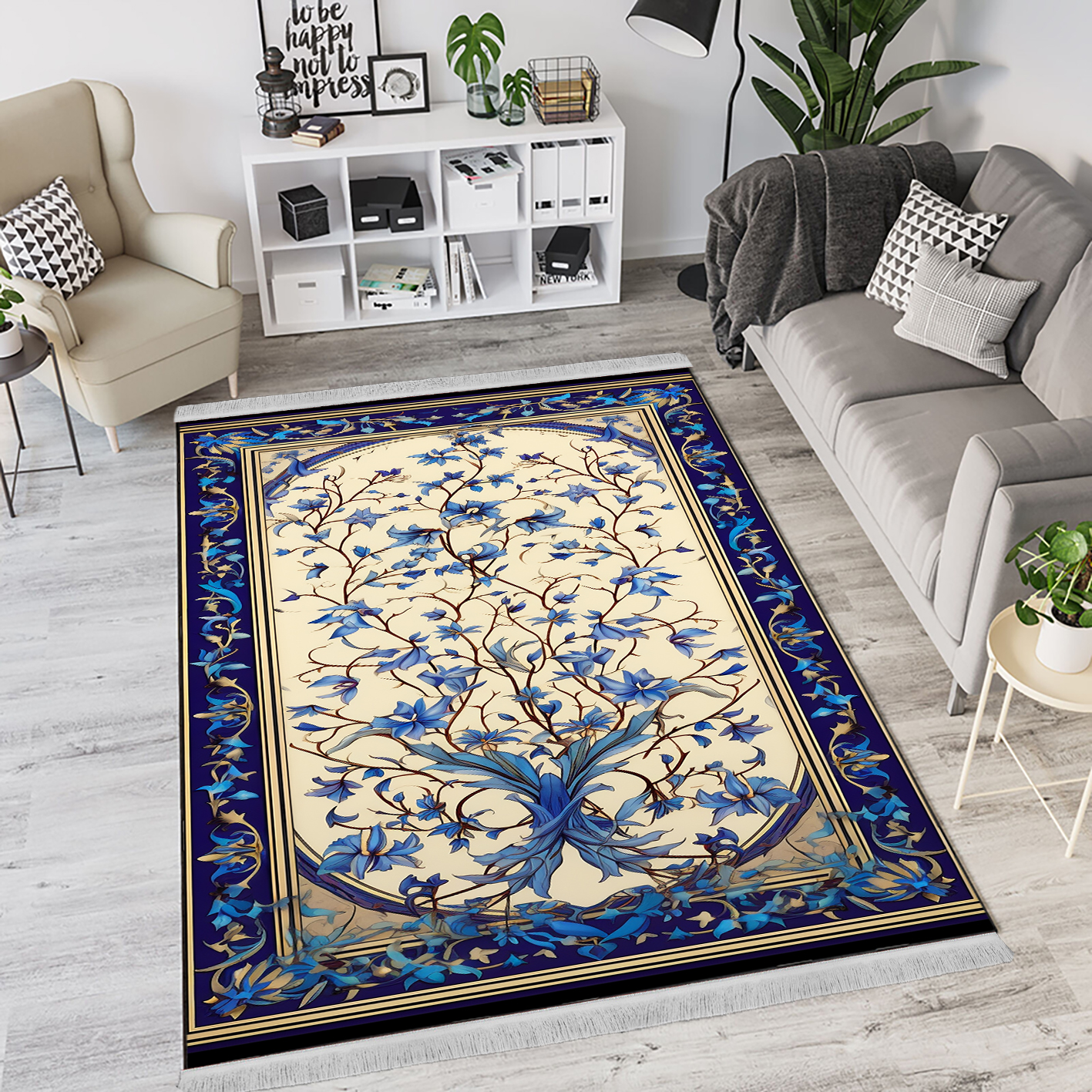 فرش طرح درختی لچک دار آبی با زمینه کرمی روشن