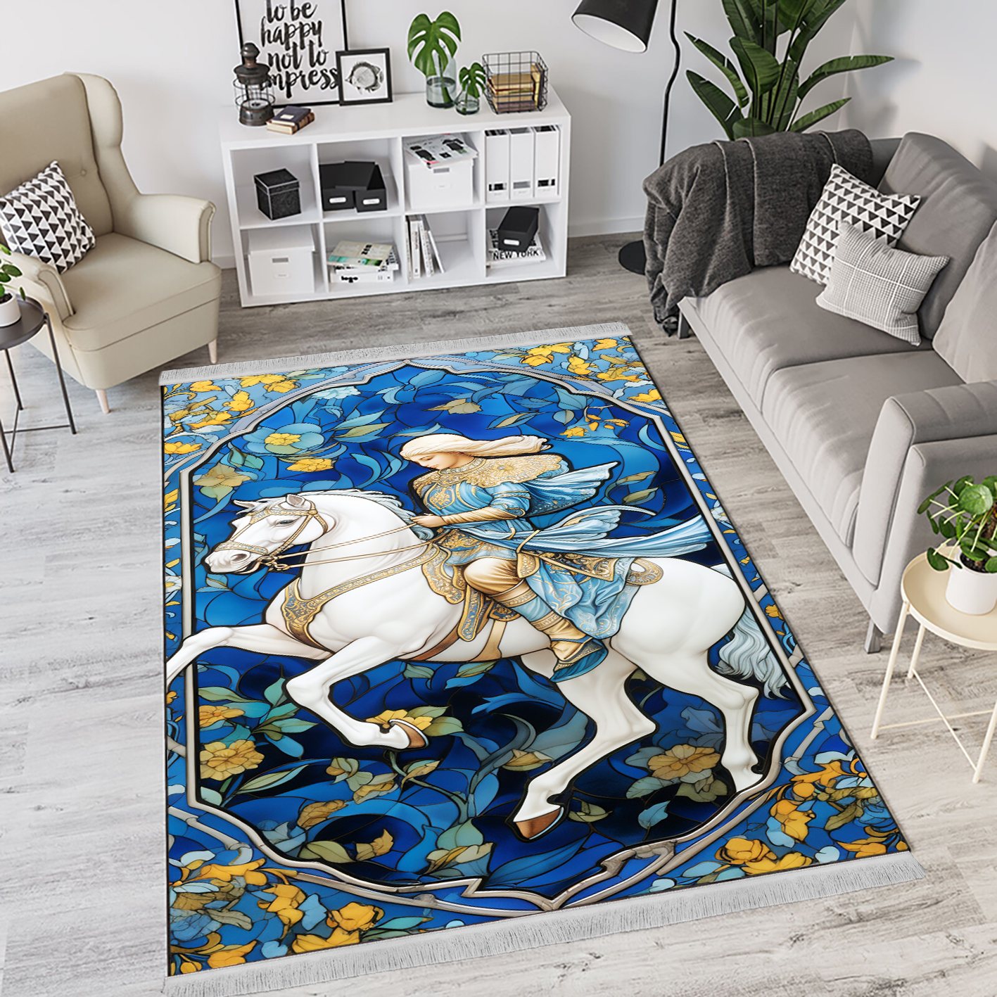 فرشینه طرح زن سوارکار با گلهای زرد