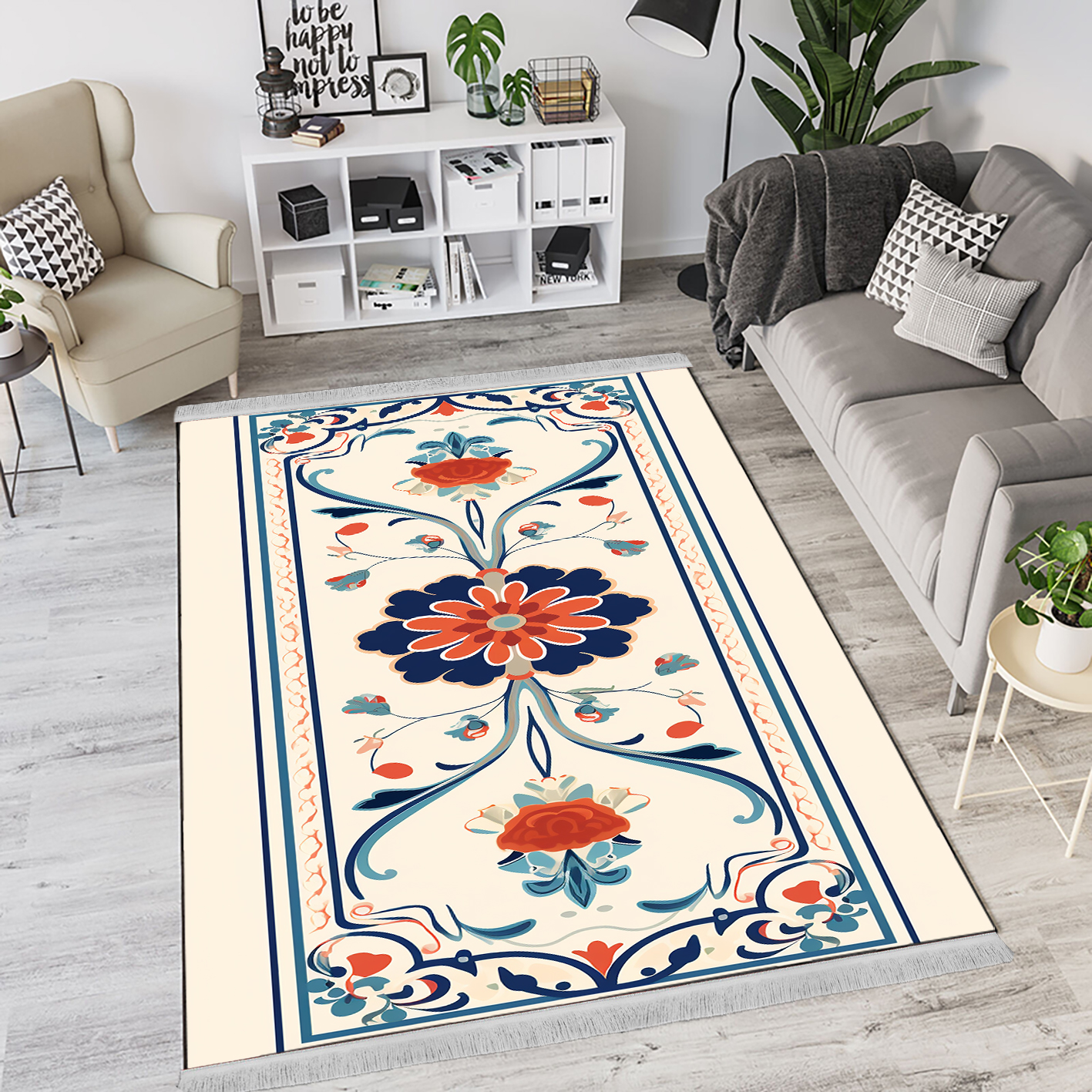 فرشینه گلدار فانتزی با حاشیه ساده