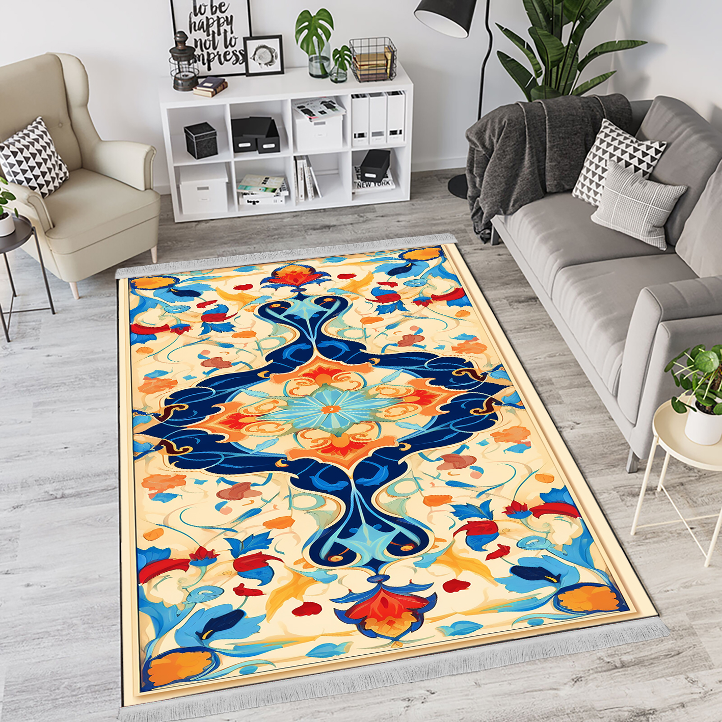فرشینه چاپی طرح گل اسلیمی زمینه روشن