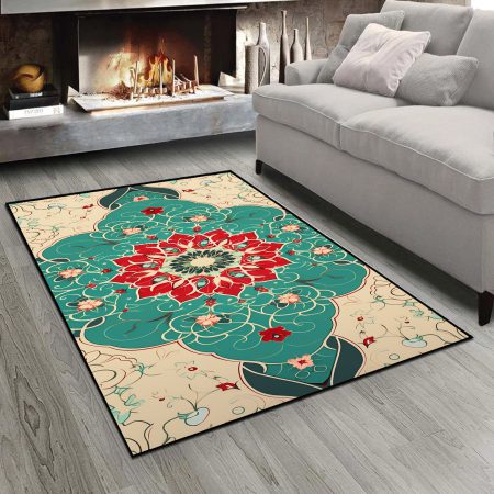 فرشینه چاپی طرح گل اسلیمی با زمینه سبز آبی و کرمی