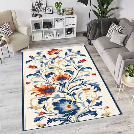 فرشینه چاپی سنتی طرح درختی با گلهای آبی و قرمز زمینه کرمی روشن