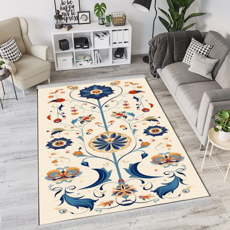 فرشینه چاپی طرح درختی گلدار ساده با زمینه کرمی روشن
