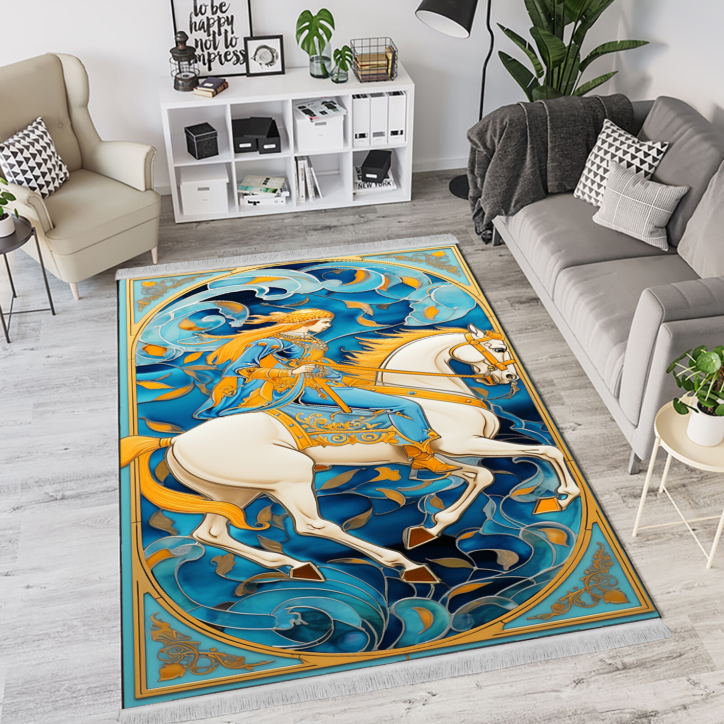 فرشینه سنتی لچکدار طرح زن سوارکار زمینه آبی